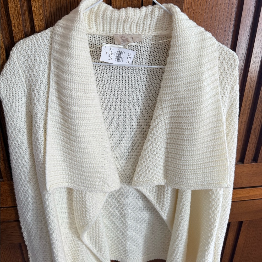 LOFT Cream Open-Front Draped Knit Cardigan